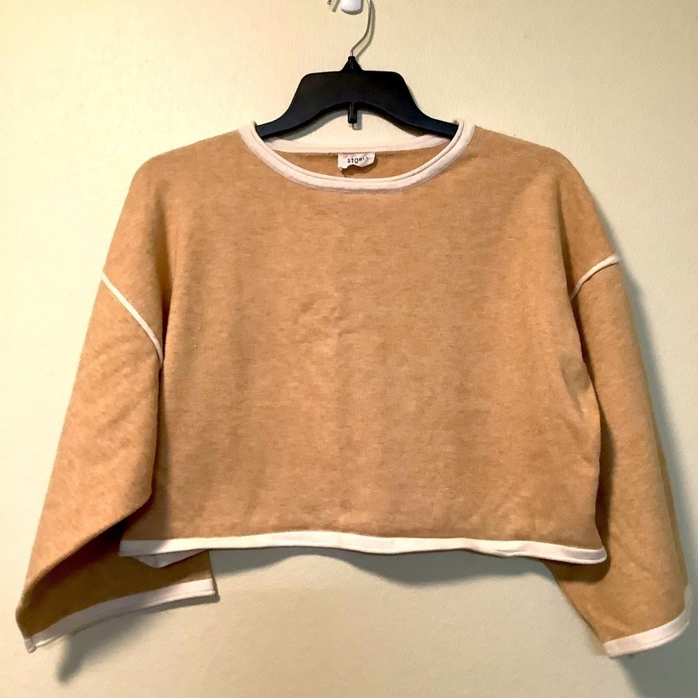 STORIA‎ Camel Tan Knit Cropped Sweater With White Trim Size M